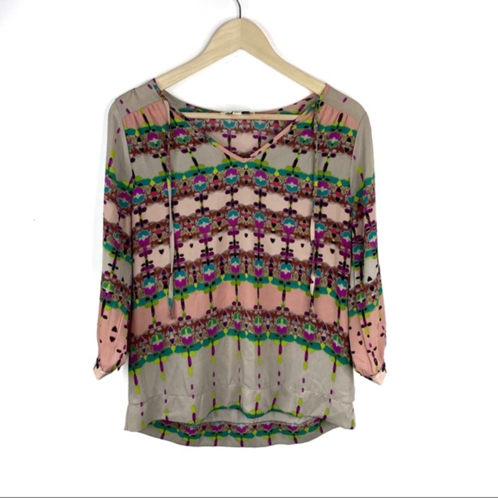Sabine Tie Neck Boho Vibe Tie Dye Ikat Blouse Top